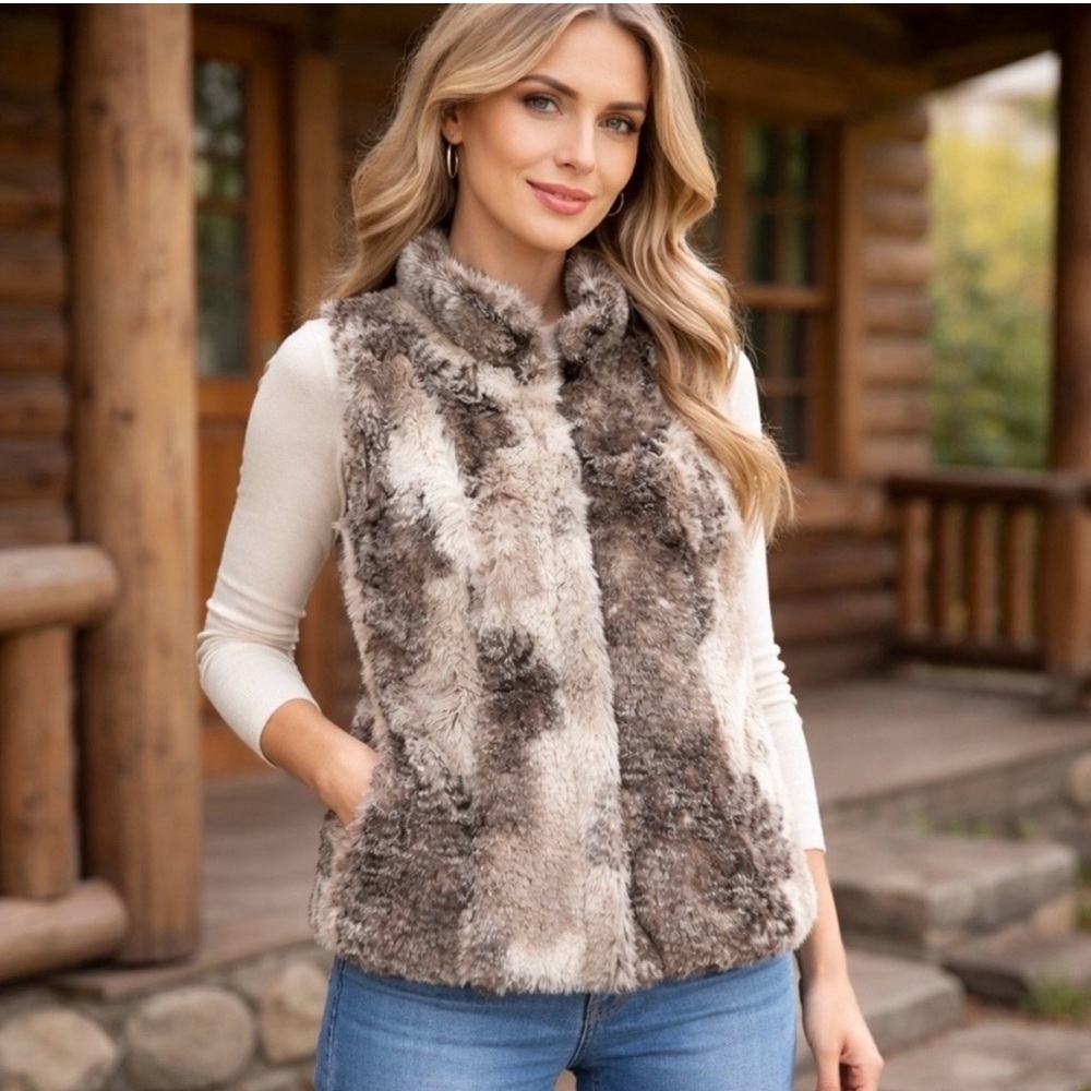 CAbi #3179 Brown and Cream Faux Fur Vest